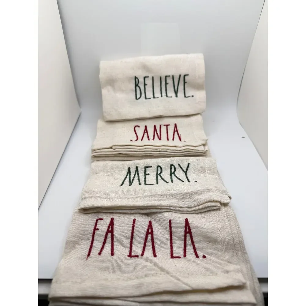 RAE DUNN Set of 8 Natural Cloth Assorted Holiday NAPKINS Red Green Embroidery